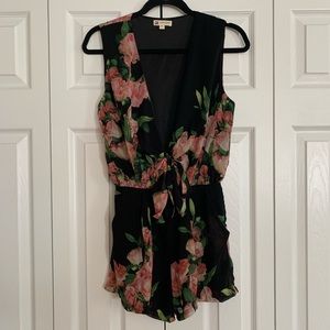 Cotton Candy, black with pink rose floral romper